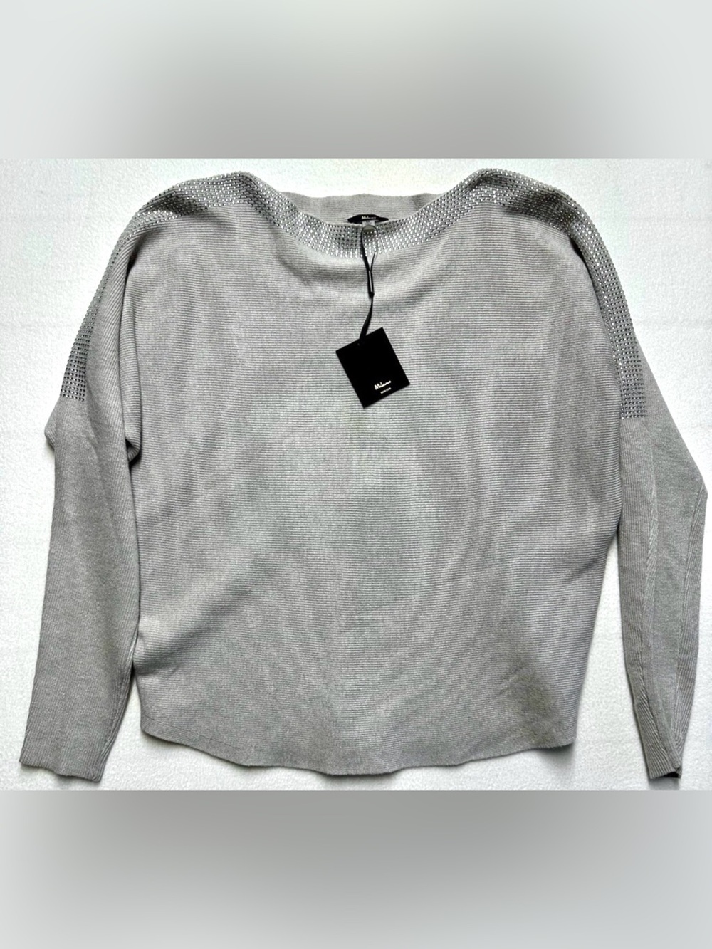 NWT Milano Boutique Women’s M Gray Rhinestone Stud Dolman Sleeve Knit Sweater